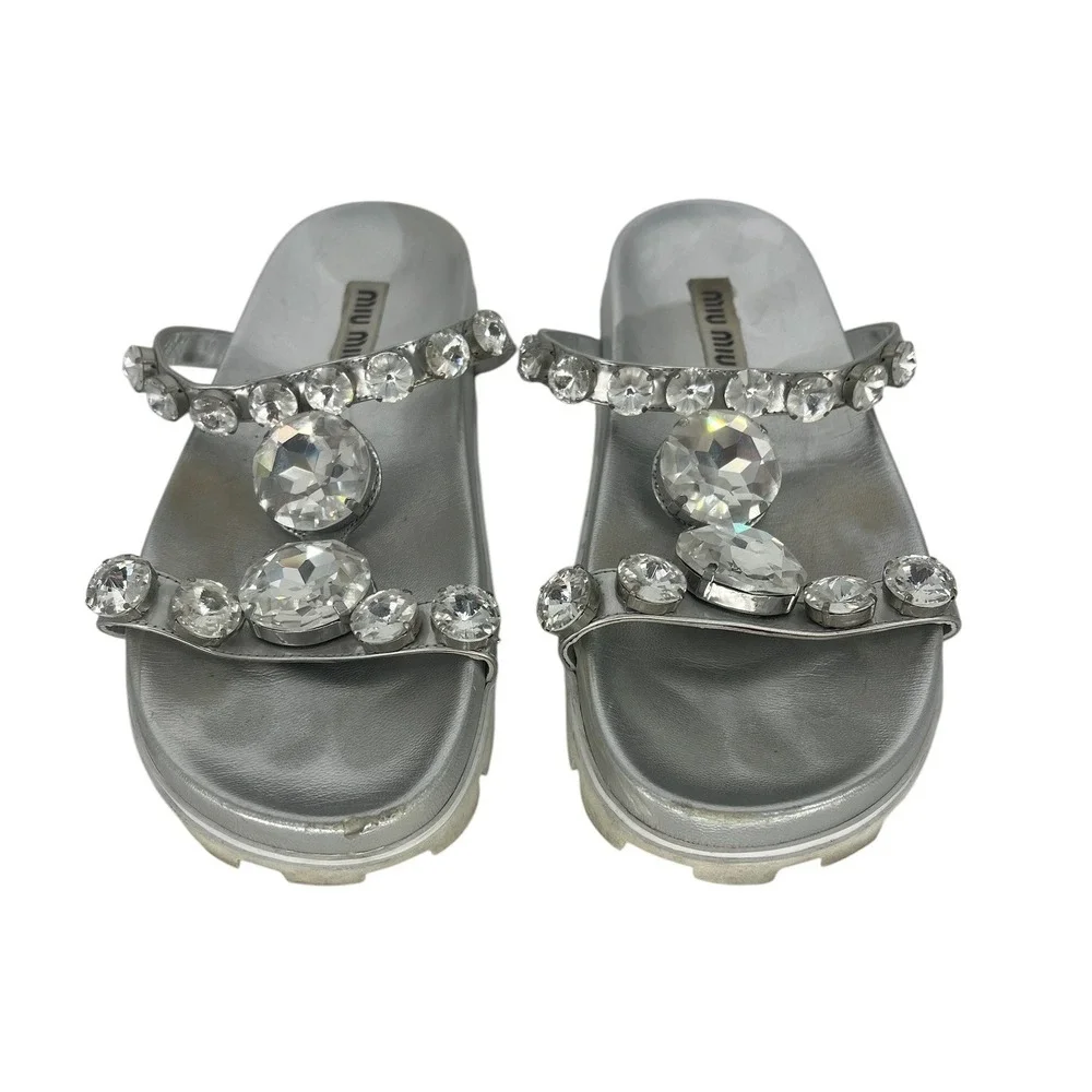 Miu Miu Argento Crystal Embellished Platform Slide Sandals Silver Size 39.5